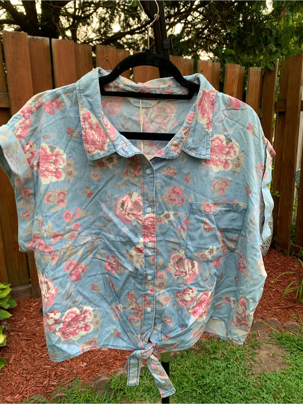 Highway Jeans Light Blue Floral Tie-Front Button Down Shirt